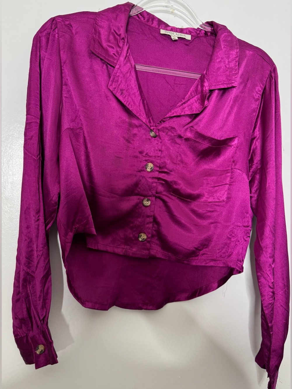 Cropped Satin Button-Front Blouse in Magenta long sleeve size large